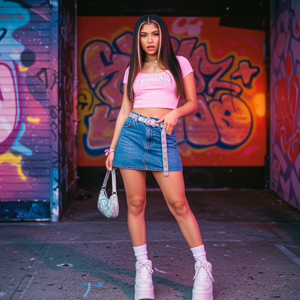 Example of a Y2K outfit with low-rise pants and bright colors